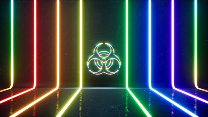 Glowing Biohazard Symbol in the Colorful Light Lines Background 3D Render