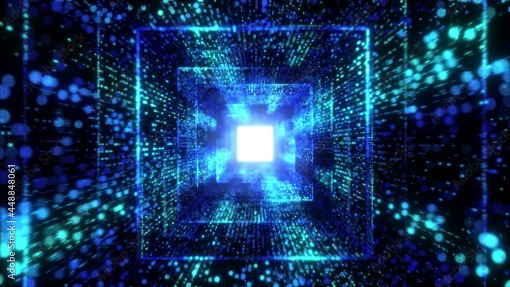Aufkleber infinite neon light square tunnel of glowing dots particle. cyber technology background.