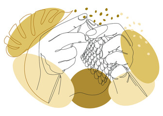 Knitting with threads. Hands of men, women in modern trendy style with one line and plant leaves. Solid line, outline for decor, posters, stickers, logo. Vector illustration.