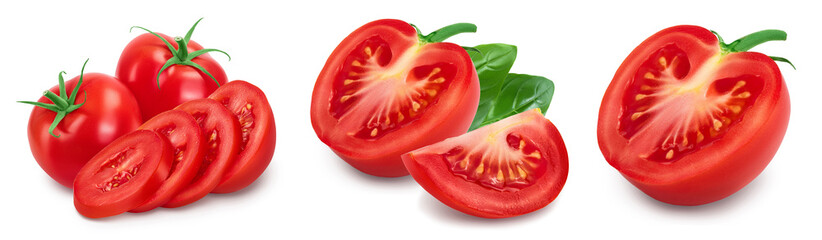 Tomato with slices isolated on white background with clipping path and full depth of field. Set or...