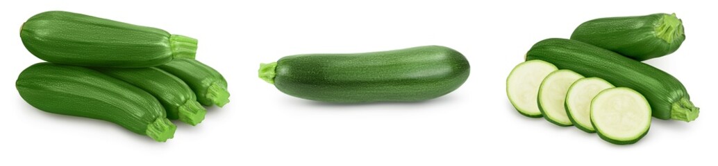 Fresh whole zucchini isolated on white background with clipping path and full depth of field. Set or collection