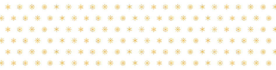 Snowflakes golden ornament. Christmas gold celebration long banner. Winter web design. Happy New Year card. Holiday background. Season greeting pattern. Glitter luxury card. Vector illustration
