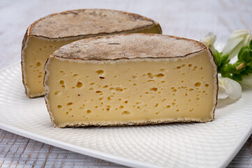 Cheese collection, matured cow cheese with mold tommette de savoie from France, cheese made in Alpine mountains