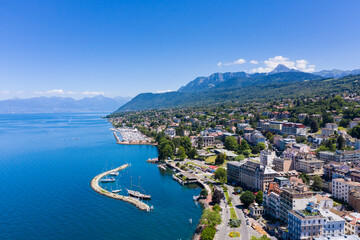 Aerial view of Evian (Evian-Les-Bains) city in Haute-Savoie in France - 448850002