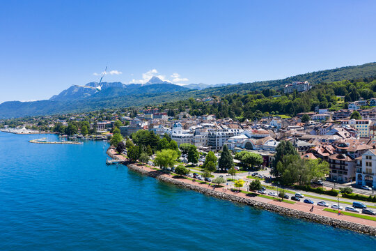 Aerial view of Evian (Evian-Les-Bains) city in Haute-Savoie in France