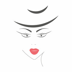 Beautiful young woman with red lips and hat, outline sketch vector illustration. Elegant fashion model
