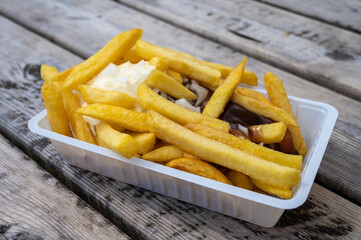 Portion of french fried potato chips with curry and mayonnaise sauce and onion