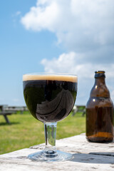 Glass of dark strong belgian beer served on outdoor terrace with green grass meadow on background