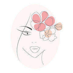 Beautiful young woman with long hair and flowers, outline sketch vector illustration