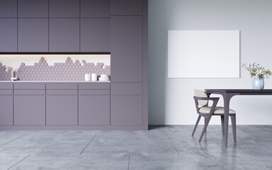 Mockup kitchen interior with frame white brick walls a concrete floor and gray.3d rendering