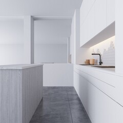 Modern kitchen interior with gray and white brick walls with mirror reflections on the walls a concrete floor and gray.3d rendering