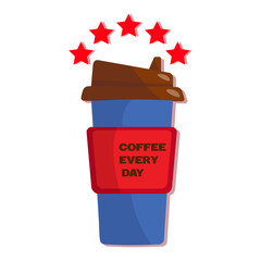 American paper cup with stars. Illustration for National Coffee Day in the USA. Takeaway coffee with closed brown lid.Vector flat composition on a transparent background for advertising coffee drinks.