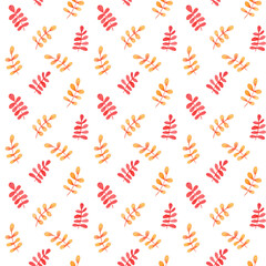Cute colorful seamless pattern red and yellow leaves. Watercolor, hand drawn, isolated on white background. Good for kids fabric, textile, wrapping paper, wallpaper, prints