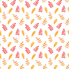 Cute colorful seamless pattern Autumn leaves. Watercolor, hand drawn. Red, orange, yellow colors, isolated on white background. Good for kids fabric, textile, wrapping paper, wallpaper, prints