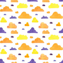 Cute colorful seamless pattern with sunset clouds. Watercolor, hand drawn. Red, orange, yellow colors, isolated on white background. Good for kids and baby fabric, textile, paper, wallpaper, prints