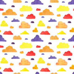 Cute seamless pattern with colorful clouds. Watercolor, hand drawn. Red, blue, yellow, colors, isolated on white background. Good for kids and baby fabric, textile, wrapping paper, wallpaper, prints