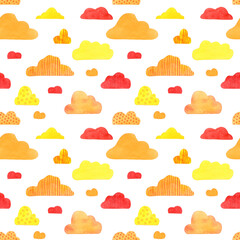 Cute colorful seamless pattern with clouds. Watercolor, hand drawn. Red, orange, yellow colors, isolated on white background. Good for kids and baby fabric, textile, wrapping paper, wallpaper, prints