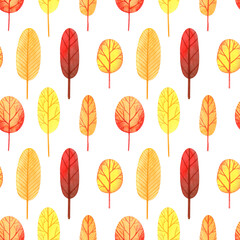 Cute colorful seamless pattern Autumn park. Watercolor, hand drawn. Red, orange, yellow colors, isolated on white background. Good for kids fabric, textile, wrapping paper, wallpaper, prints