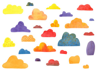 Set with watercolor clouds, isolated on white. Orange, blue, violet, red and yellow bright colors, hand draw. Design for backgrounds, wallpapers, prints, covers and packaging