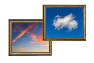 two wood frames with carved pattern for sky painting isolated on white background