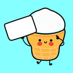 Cute funny Ice cream with poster. Vector hand drawn cartoon kawaii character illustration icon. Isolated on yellow background. Ice cream think concept