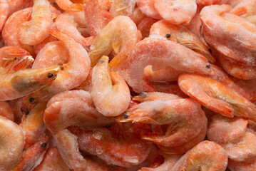 Fresh shrimps in ice. Top view.