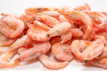Fresh shrimps in ice. Top view.