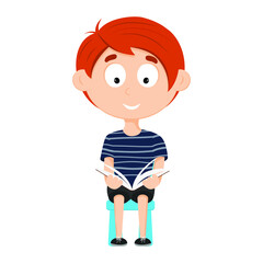 Boy reads the book isolated. Child reading. Vector illustration