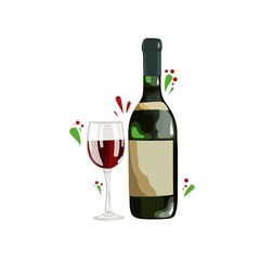 vane bottle with glass of vine, vector clipart, hand drawn food illustration good for card and print design