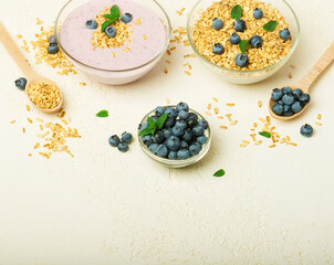 Granola, yogurt, blueberries in bowls on grey background. Healthy breakfast menu concept.