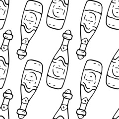 Vector seamless pattern from a champagne bottle. a pattern of a hand-drawn doodle-style bottle of champagne alcohol black outline on a white background for a design template for celebrating Christmas,