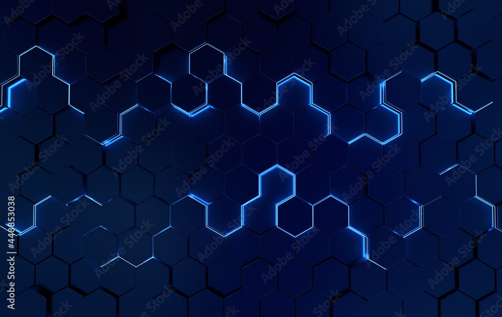 Poster hexagonal abstract background. futuristic cellular 3d panel with hexagons and neon light. ceramic or