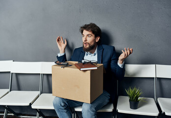 business man manager dismissal upset box with things