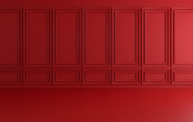 Classic interior walls with copy space. Walls with ornated mouldings panels and wooden floor, classic cornice. Floor parquet. 3d rendering digital interior mock up Illustration. Red colors