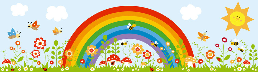 Colorful panoramic illustration with clouds, a smiley sun and rainbow. A landscape full of beautiful and different types of flowers with grass, lots of butterflies and bees.