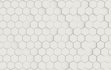 Hexagonal abstract background. Modern cellular honeycomb 3d panel with white hexagons. Ceramic, plastic tile. 3d wall texture.  Geometric background for interior wallpaper design