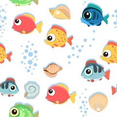 Naklejka premium Funny funny fish. The bottom of the reservoir. Sea ocean. Bubbles. Underwater landscape with plants, algae and corals. Seamless. Illustration in cartoon style. Flat design. Vector art