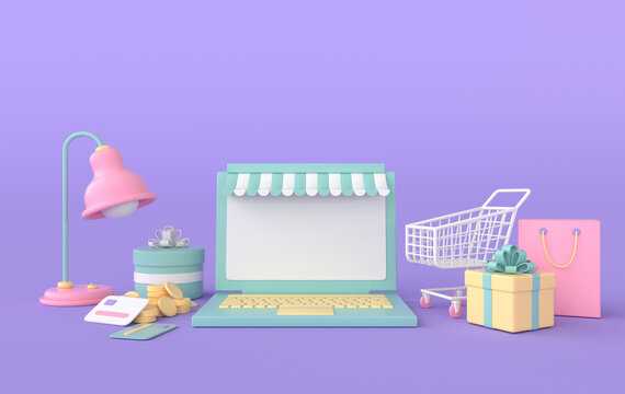 Laptop, lamp, shopping cart and bag, coffee and present box, stack of coins, credit cards 3d rendering. Online shopping and delivery  concept.
