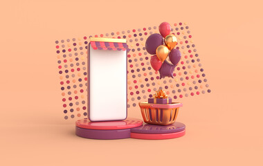 Smartphone,  balloons, shopping cart and basket with present box on podium. Online shopping, payment concept 3d render