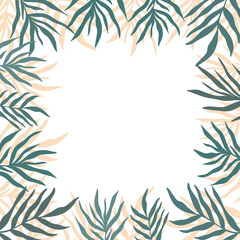 Fototapeta na wymiar Summer square frame with elegant palm leaves teal foliage silhouette. Seasonal vacation design. Hand drawn abstract vector palm floral background border isolated on white. Copy space.