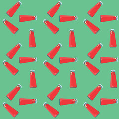 Red juice in a glass bottle with a metal cap. cartoon style. illustration vector, seamless pattern on a green background.