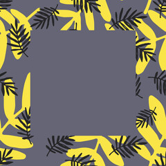 A gray vector frame with yellow and gray leaves with an empty square space for text. seamless pattern of twigs with rounded leaves, large ones in blue and small ones in gray for invitations, labels