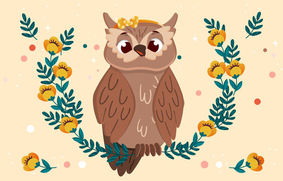 Owl with floral wreath. Cute hand drawn bird for posters, banners and social networks. Symbol of wisdom. Design element. Cartoon flat vector illustration on beige background with geometric patterns