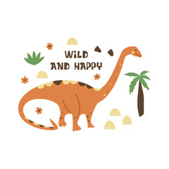 Dinosaur diplodocus. Sauropod. Large extinct ancient reptile, Jurassic period. Mesozoic era. Print is wild and happy. Colorful vector isolated illustration hand drawn. White background. Cute dino