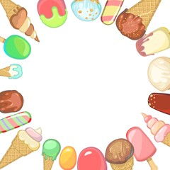 Frame of various ice creams in a waffle cone and popsicle on a stick. Summer sweet dairy product. Milk, chocolate and fruit. Border isolated on white background. Vector
