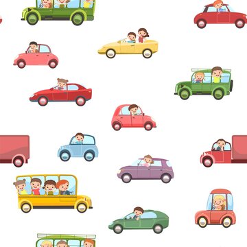 Children drive cars. Seamless cartoon pattern. Kids motorists. Childrens background isolated. Various automobiles. Toy vehicle, motor and truck auto. Vector