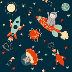 rocket in space astronaut cat comet planets stars