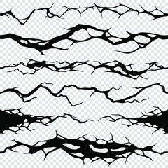 Set of cracks of different shapes and lengths on a transparent background