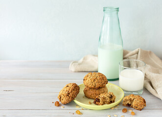Oat meal cookies with glass milk.Selective focus.Copy space.