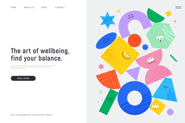 Vector landing page with character geometric figures on white background. Cute cartoon characters, colorful various figures with textures and blur elements. Poster design template.